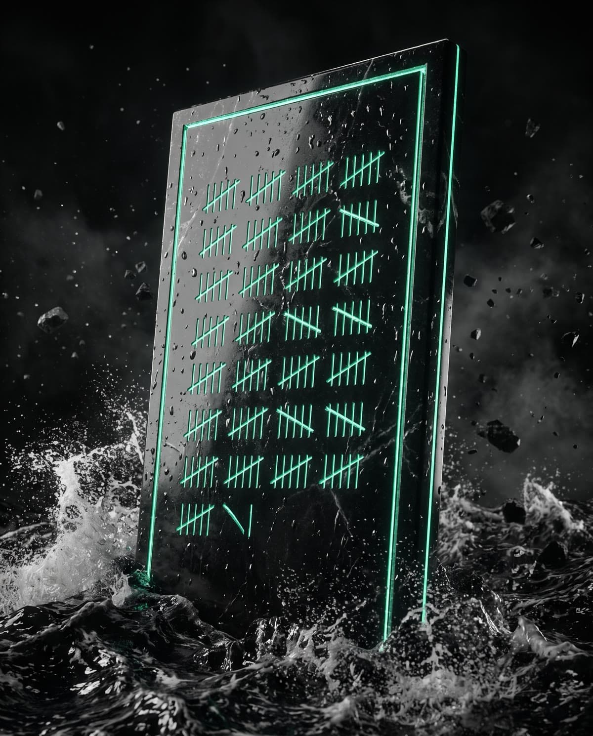A black marble slab engraved with rows of glowing emerald tally marks, standing in the sea.