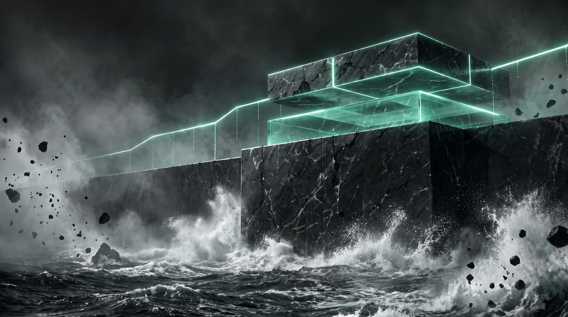 An emerald glass slab of liquidity set under a black marble block on top of the sea wall.